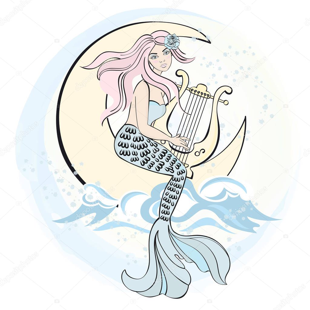 Winter Christmas Sea Ocean Color Vector Illustration SINGING MERMAID Paper for Birthday and Party, Wall Decorations, Scrapbooking, Baby Book, Photo Albums and Card Print