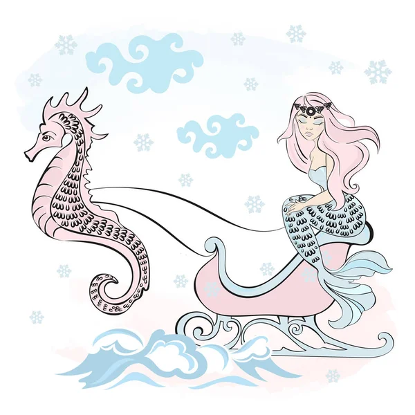 Inverno Natale Mare Oceano Colore Vettoriale Illustrazione Neve Mermaid Carta — Vettoriale Stock