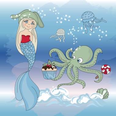 Ahtapot Regale deniz kızı yeni yıl renk vektör çizim Doğum günü ve parti, duvar süslemeleri, Scrapbooking, bebek kitap, fotoğraf albümleri ve kart baskı için ayarla