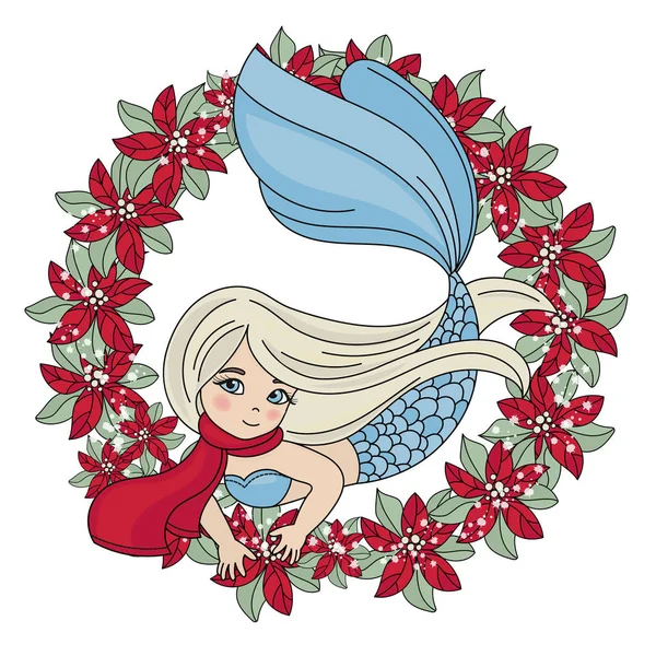 Mermaid Christmas Portrait New Year Color Vector Illustration Set Birthday — Stock Vector