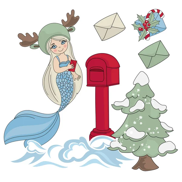 Mermaid Mail Set Illustrazioni Vettoriali Colori Compleanno Festa Decorazioni Murali — Vettoriale Stock