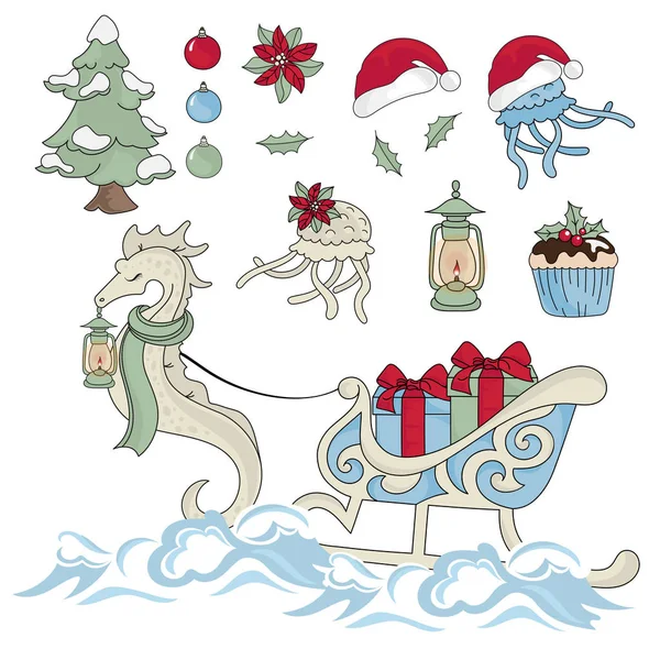 Nuevo Año Sea Horse Año Nuevo Color Vector Illustration Set — Archivo Imágenes Vectoriales
