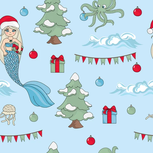 Mermaid Celebrate Pattern Безшовні Новорічні Кольори Векторні Ілюстрації Прикрас Стін — стоковий вектор