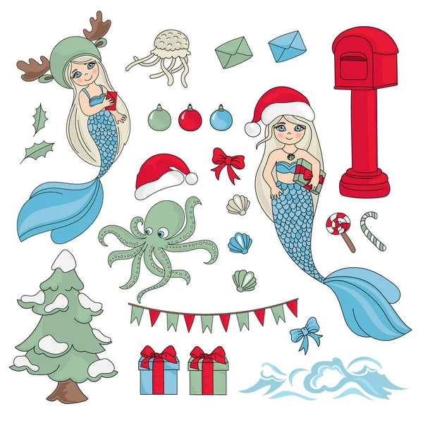 Sea Christmas Set Illustrazioni Vettoriali Capodanno Compleanno Festa Decorazioni Murali — Vettoriale Stock
