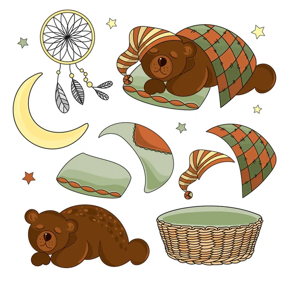 Sleeping Bear Set Vector Illustration Wall Decorations Scrapbooking Baby Book — Stock Vector