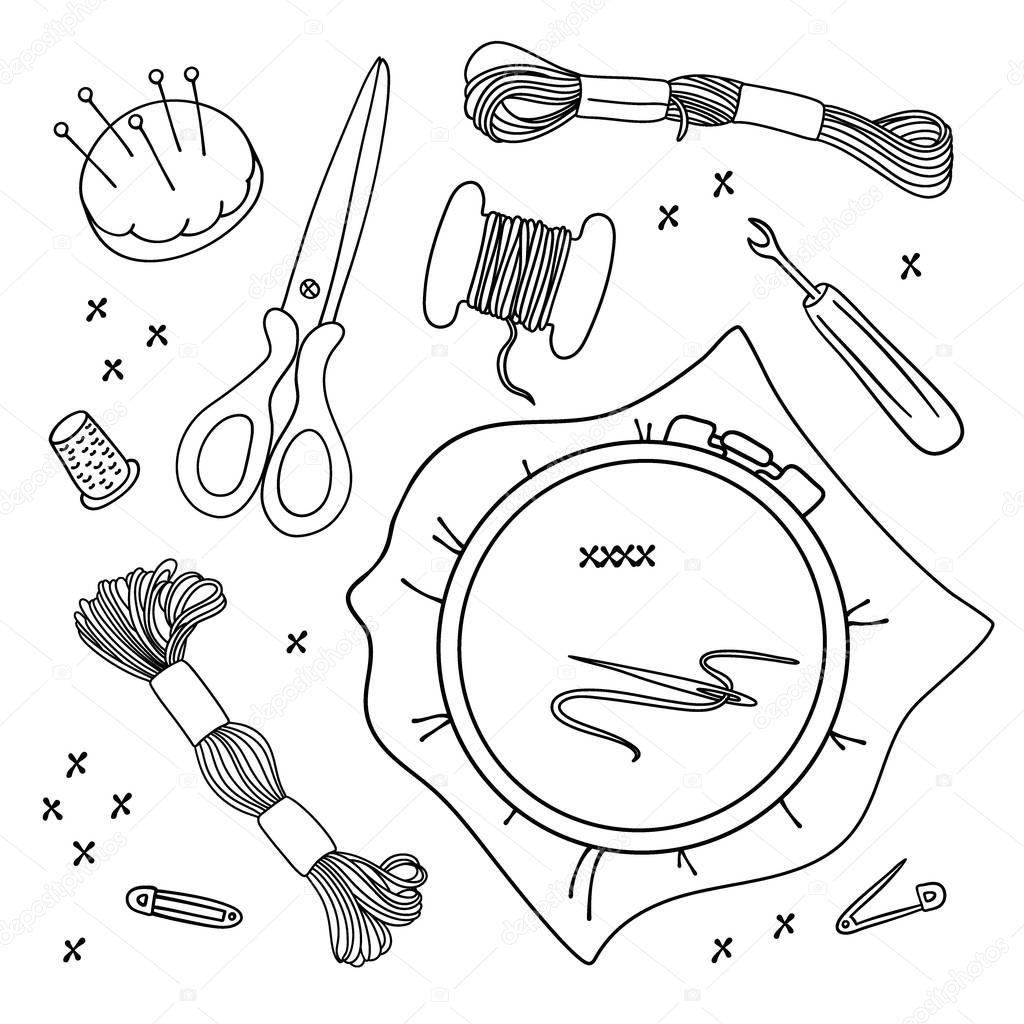 EMBROIDERY TOOLS Vector Illustration Set for sewing and embroidery, Wall Decorations, Scrapbooking, Baby Book, Photo Albums and Card Print