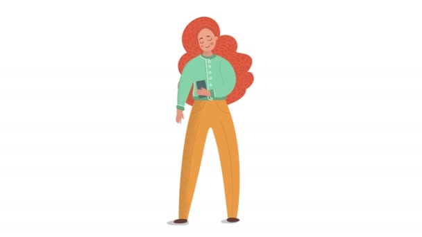 Κοινωνική Media Animation Επίπεδη Κορίτσι Κορίτσι Κόκκινα Μαλλιά Μιλάει Smartphone — Αρχείο Βίντεο
