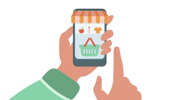Smartphone Shopping Animação Plana Negociação Line Internet Comprando Mãos Loja — Vídeo de Stock