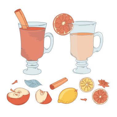 Baskı, tebrik ve dekorasyon için mulled şarap Set Noel vektör çizim ayarla