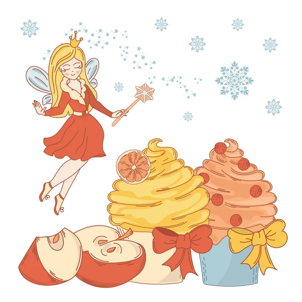 Süße Fee Frohe Weihnachten Vektor Illustration Cartoon Set Für Druck — Stockvektor