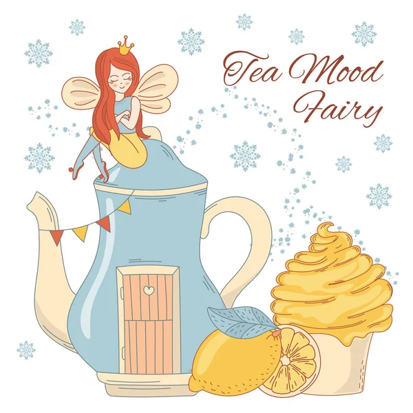 Thee Mood Fairy Merry Christmas Vector Illustratie Cartoon Set Voor — Stockvector