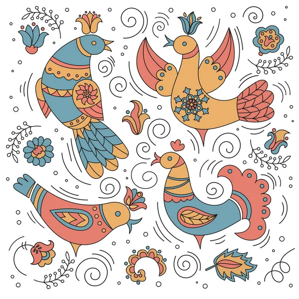 Okrasných Ptáků Dekorativní Lidovému Ornamentu Barvu Vektorové Ilustrace Sada Pro — Stockový vektor