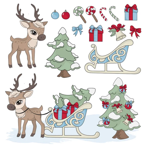 Sled Deer New Year Color Vector Illustration Set Wall Decorations — Stock Vector