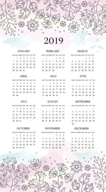 Takvim 2019 etnik dekoratif çiçek halk süsleme renk vektör çizim yazdırma