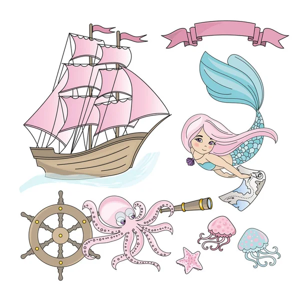 Set Illustrazioni Vettoriali Colori Mermaid Ship Sea Travel Stampa Compleanno — Vettoriale Stock