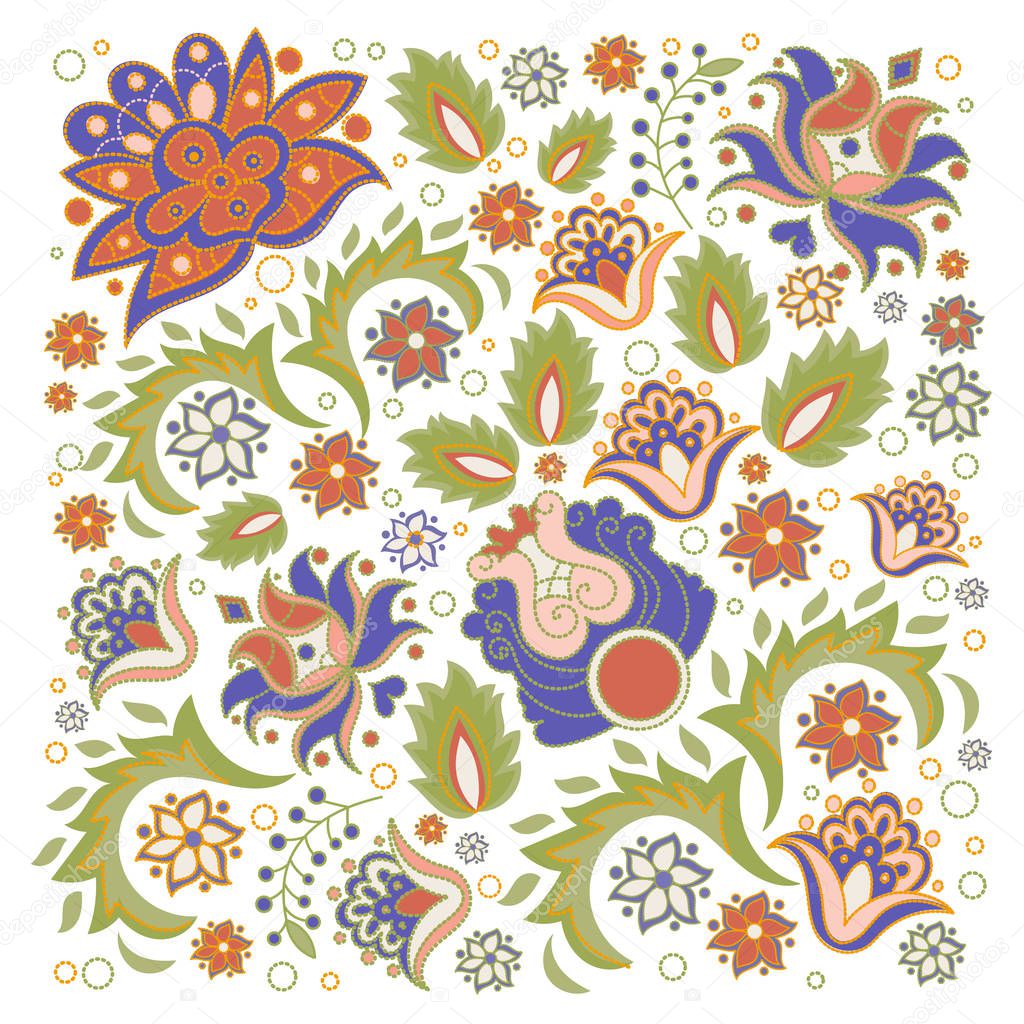 FLORAL ORNAMENT Oriental Decorative Folk Ethnic Color Vector Illustration Set for Print