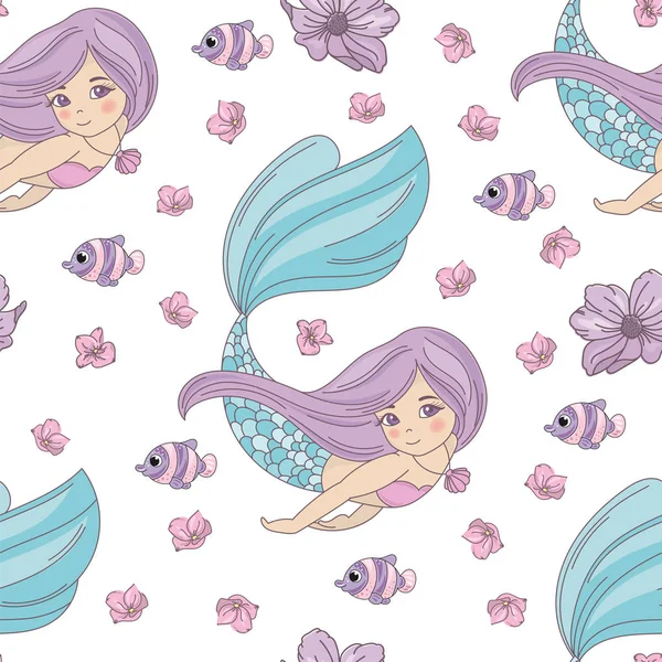 Mermaid Princess Sea Travel Seamless Pattern Vector Illustration Set Print — Stock Vector