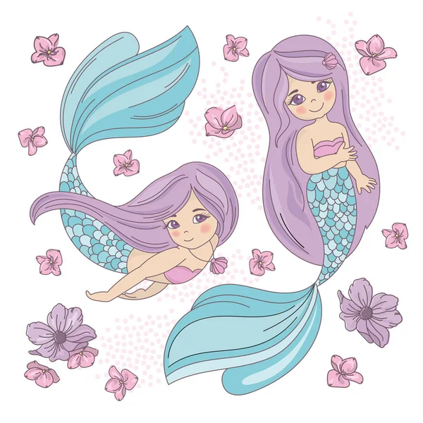 Purple Mermaid Sea Underwater Vector Illustration Set Tessile Tessuto Stampa — Vettoriale Stock