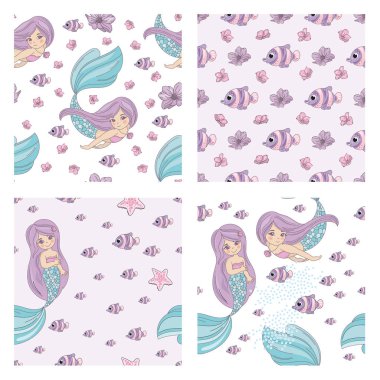 Balık deniz kızı dekoratif vektör çizim Dikişsiz desen Set baskı, kumaş, tasarım ve dijital kağıt için