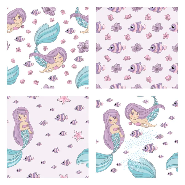 Balık deniz kızı dekoratif vektör çizim Dikişsiz desen Set baskı, kumaş, tasarım ve dijital kağıt için