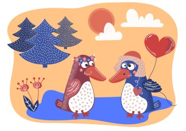 Kuş aşk Sevgililer günü karikatür hayvan Set baskı ve dekorasyon için