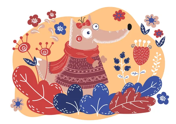 Folk Fox День Святого Валентина Смешной Набор Животных Мультфильм Печати — стоковый вектор