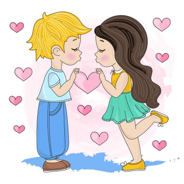 Çocuklar Love Valentine's gün vektör çizim baskı, dekorasyon ve tasarım için ayarla.