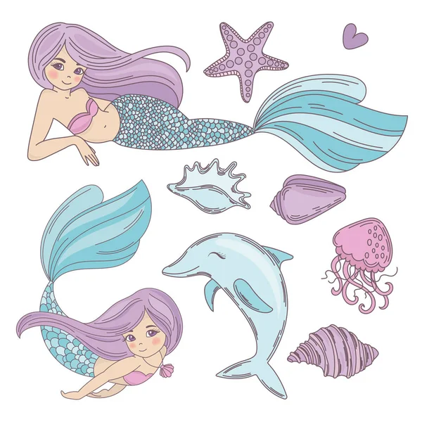 Mermaid Ocean Cartoon Travel Conjunto Ilustração Vetor Tropical Para Impressão —  Vetores de Stock