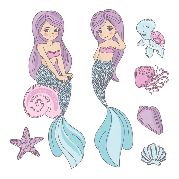 Girlfriends Mermaid Cartoon Travel Tropical Vector Illustration Set Para Impressão — Vetor de Stock