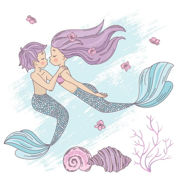 Ensemble Illustration Vectorielle Tropicale Voyage Bande Dessinée Mermaid Couple Pour — Image vectorielle