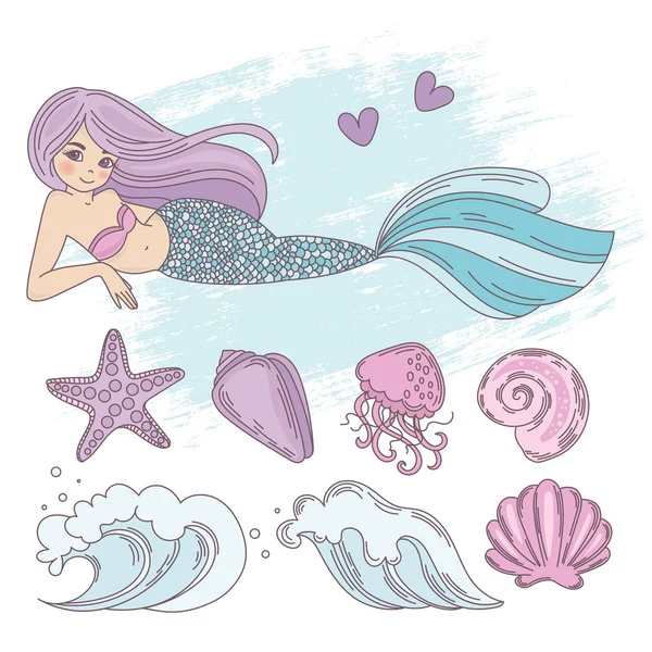 Set Illustrazione Vettoriale Tropicale Viaggio Del Fumetto Mermaid Wave Stampa — Vettoriale Stock