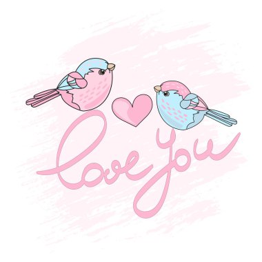 Sevgililer kuşlar bahar karikatür vektör çizim baskı, kumaş ve dekorasyon için ayarla.