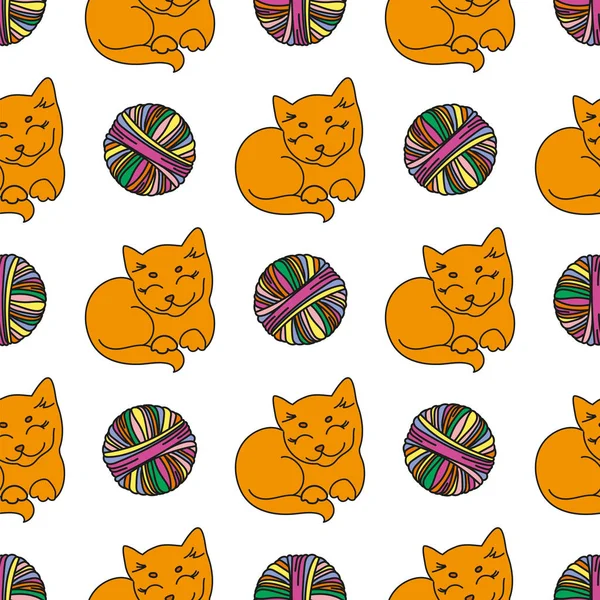 Katze Und Wolle Cartoon Tier Nahtlose Muster Vektor Illustration Für — Stockvektor