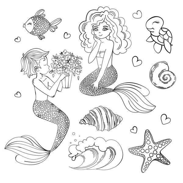 Mermaids Monochrome Cartoon Travel Conjunto Ilustrações Vetor Tropical Para Impressão — Vetor de Stock