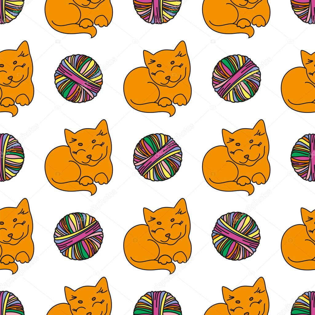 CAT AND WOOL Cartoon Animal Seamless Pattern Vector Illustration for Print, Fabric and Decoration.