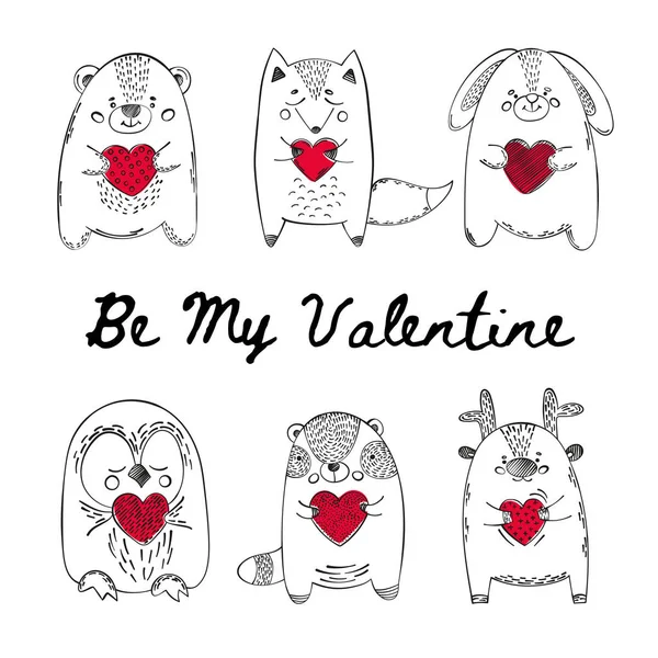 Valentine Animals Juego Ilustración Vectores Dibujos Animados Cómicos Para Impresión — Vector de stock