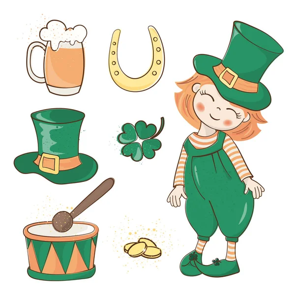 PATRICK\'S HOLIDAY Saint Patrick\'s Day Cartoon Vector Illustration Set for Print, Fabric and Decoration.