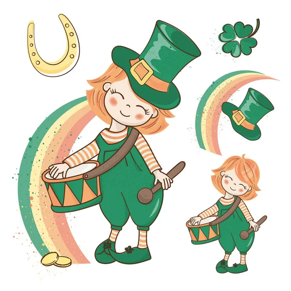 Patrick Clover Saint Patrick Day Cartoon Vector Illustration Set Print — Stock Vector