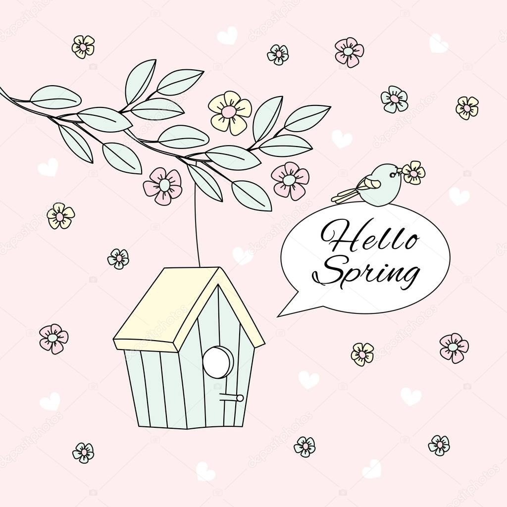 HELLO SPRING Bloom Nature Season Cartoon Vector Illustration Set for Print, Fabric and Decoration.