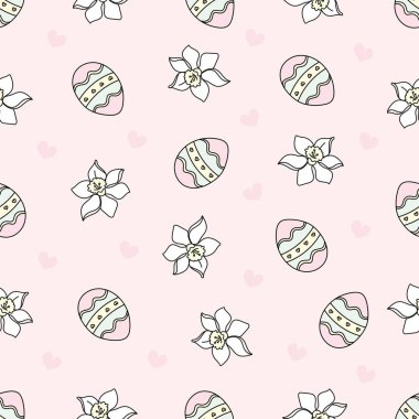 Paskalya yortusu yumurta büyük kutsal bayram karikatür Dikişsiz desen vektör çizim baskı, kumaş ve dijital kağıt için.