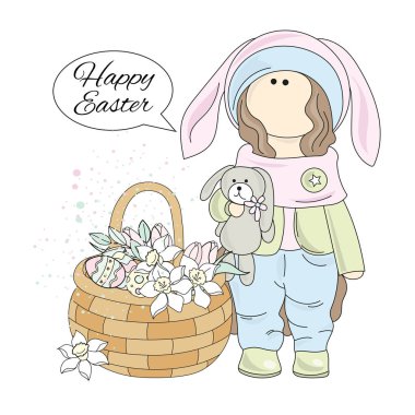 Paskalya hediye Tilda bebek büyük kutsal bayram karikatür vektör çizim baskı, kumaş ve dekorasyon için ayarla.