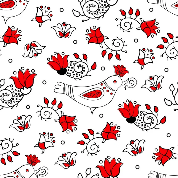 Spring Season Ethnic Doodle Bird Ornament Holiday Cartoon Seamless Pattern —  Vetores de Stock