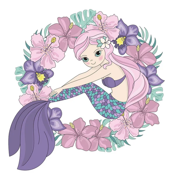 Cutie Meerjungfrau Prinzessin Karikatur Tropischen Sommer Blume Kranz Vektor Illustration — Stockvektor