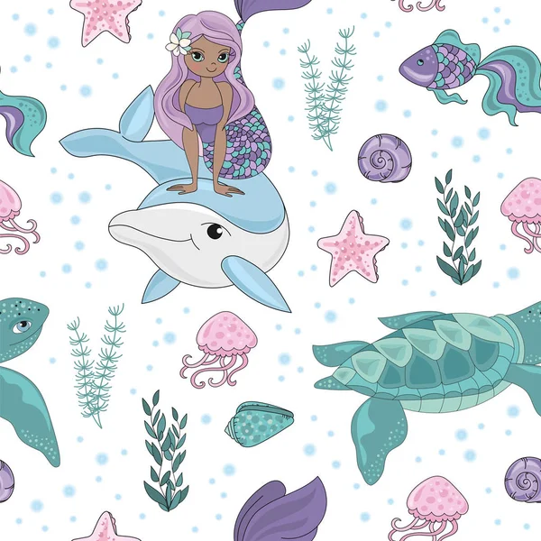 OCEAN TALE Mermaid Princess Girl Underwater Tropical Ocean Travel Cruise Seamless Pattern Vector Illustration for Print Fabric and Digital Paper