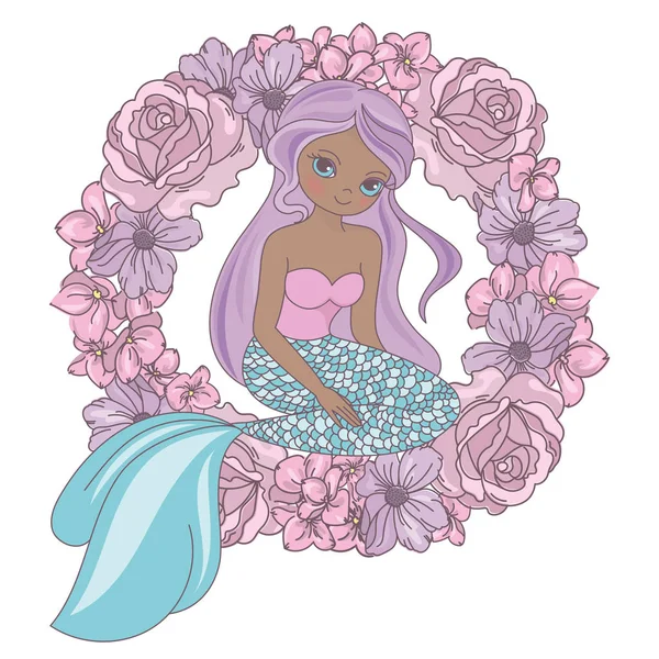 Słodkie Sny Tropical Mermaid Princess Kreskówka Kwiat Lato Wieniec Wektor — Wektor stockowy
