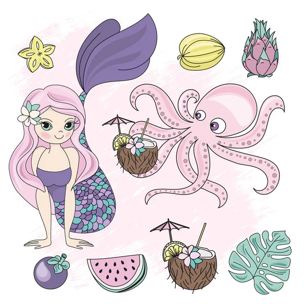 诱惑美人鱼公主夏季度假海洋水下旅游热带卡通矢量插图设置印刷面料和装饰 — 图库矢量图片