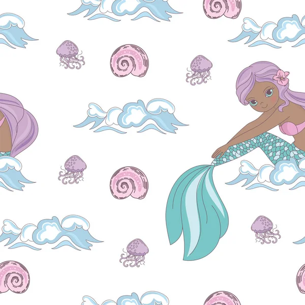 シェル人魚姫少女水中熱帯海海洋旅行クルーズ休暇のシームレスなパターン ベクトル イラスト プリント生地のデジタル ペーパー — ストックベクタ