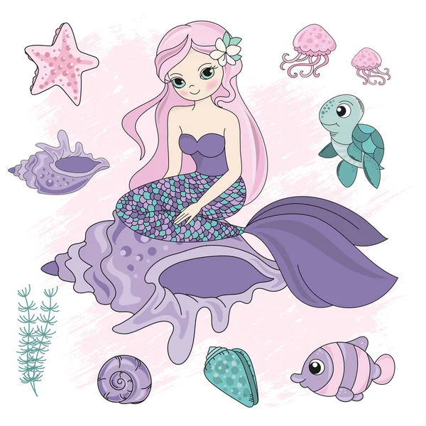 Queen Mermaid Girl Princess Cartoon Sea Ocean Viagem Subaquática Cruzeiro — Vetor de Stock