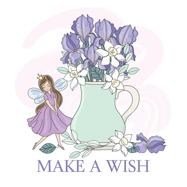 Spring Fairy Season Iris Bouquet Flower Holiday Princess Juego Ilustración — Vector de stock