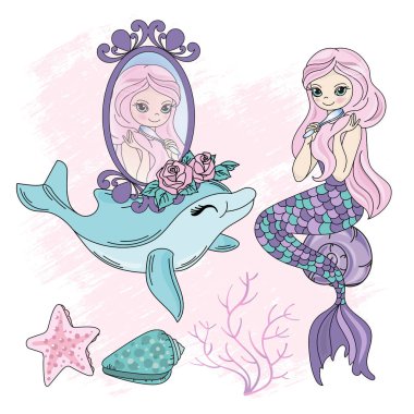 Deniz kızı gözleri sualtı peri Cruise seyahat tropikal yaz tatili karikatür vektör çizim yazdırma kumaş ve dekorasyon için ayarla